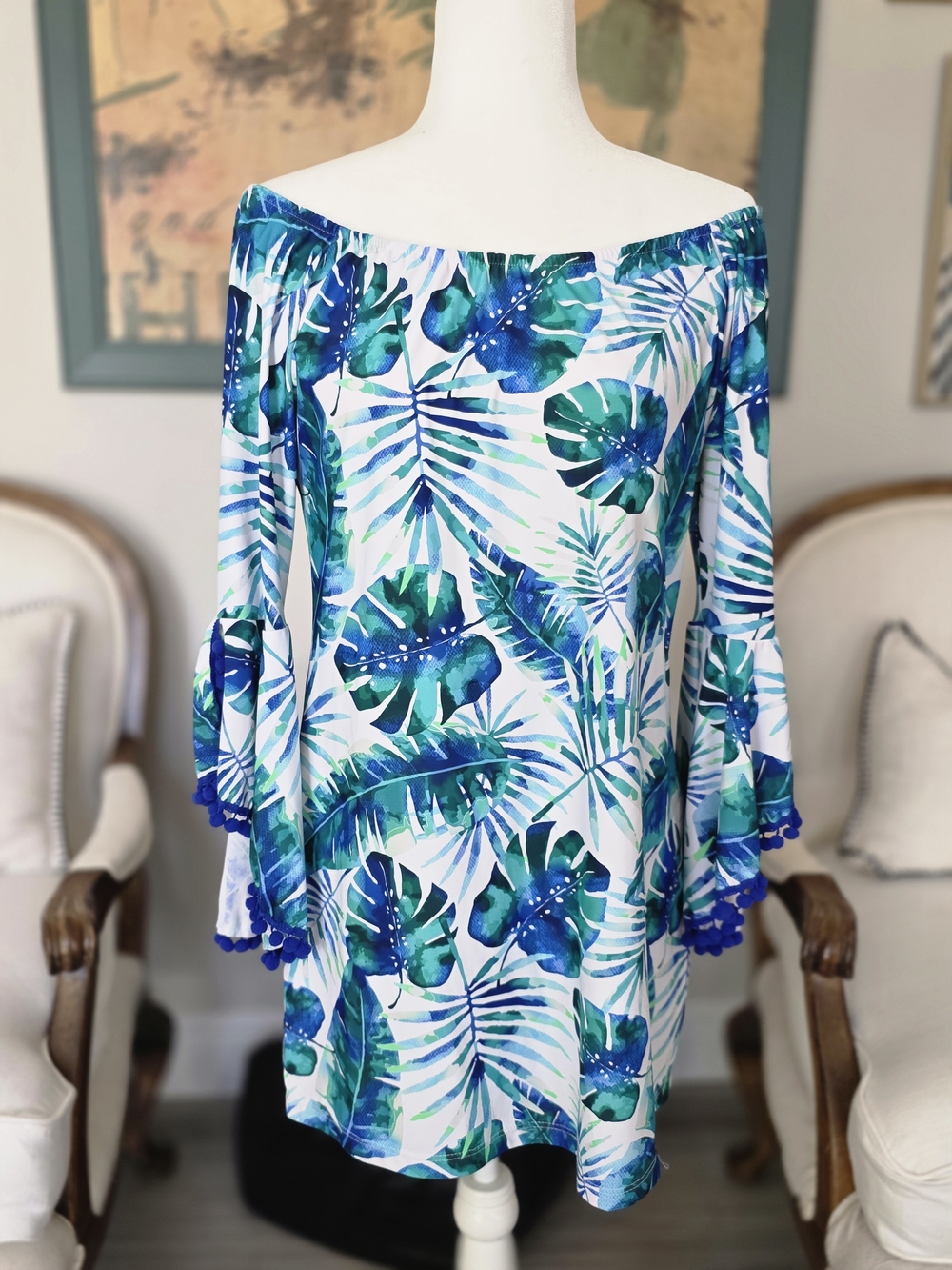 Palm Beach Boutique Off-Shoulder Tropical Leaf Dress - Blue & Green
